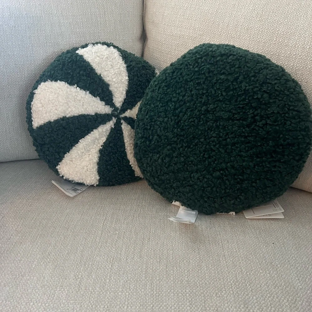 2 New Pottery Barn Cozy Teddy Peppermint Twist Candy Shaped Christmas Pillows
